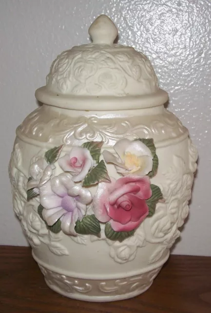Vintage Ivory Colored Embossed Lidded Fine Porcelain Urn, Applied Roses