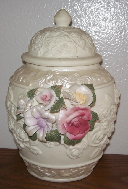 Vintage Ivory Colored Embossed Lidded Fine Porcelain Urn, Applied Roses
