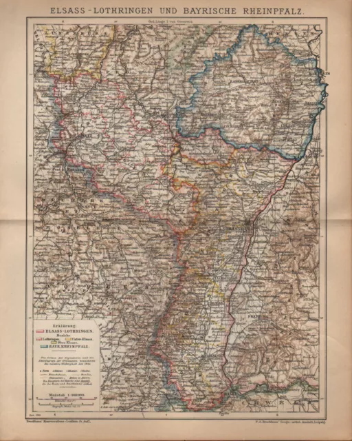 Landkarte map 1900: ELSASS-LOTHRINGEN UND BAYRISCHE RHEINPFALZ.