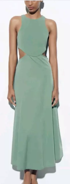 Zara Green Cut Out Asymmetric Midi Sleeveless Stretch Dress Size M New