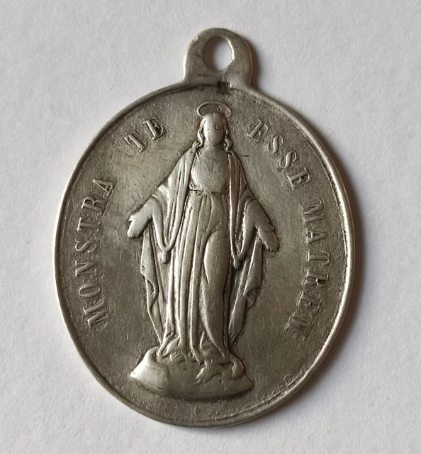 Ancienne Médaille Religieuse Pendentif Vierge Marie - En Argent Massif Et émail Bleu - Occasion En Très Bon état