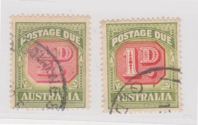 K211-43 1946 AU 1/2d &1d red &green postage dues both offset centres (AR