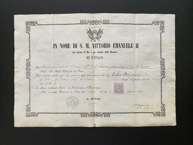 Attestato di Laurea Giulio Bizzozzero in Medicina e Chirurgia Varese 1866