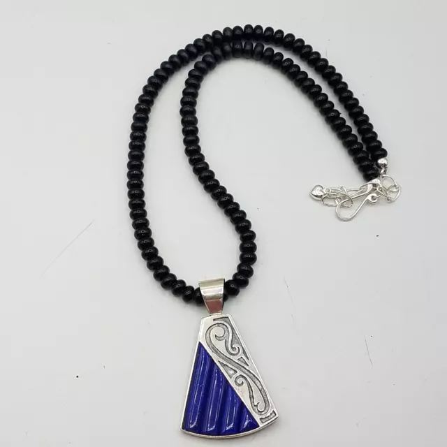 DTR 925 Sterling Silver Lapis Lazuli, Onyx & Turquoise Pendant Beaded Necklace