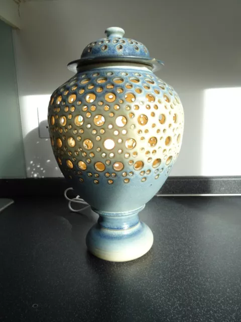 Pottery ceramic cut out lamp base vase + lid, blue + cream, retro/vintage