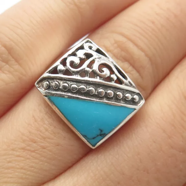 925 Sterling Silver Vintage Turquoise Gem Ornate Beaded Square Ring Size 6.25