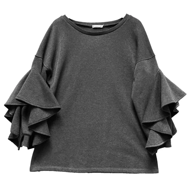 Women's Sweatshirt Top Medium Oversized Ruffle Sleeve Gray Soft Comfy Casual   e
