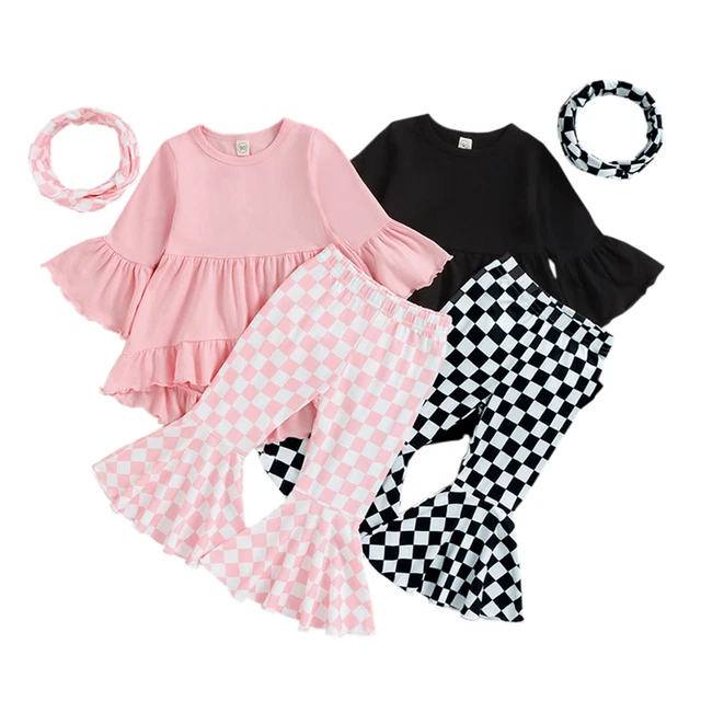 Toddler Baby Girls Outfits Solid Top Plaid Flared Trousers Headband Clothes Set