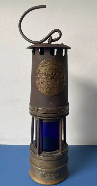 Antike Hagelholz & Ackroyd verbessert Typ 01 B Messing Bergmannslampe blaues Glas SELTEN