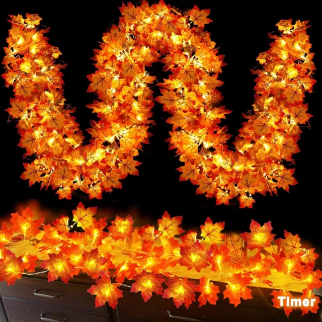 2 Pack 20-Ft Lighted Fall Maple Leaf Garland Timer Fall Autumn Door Wall Hanging