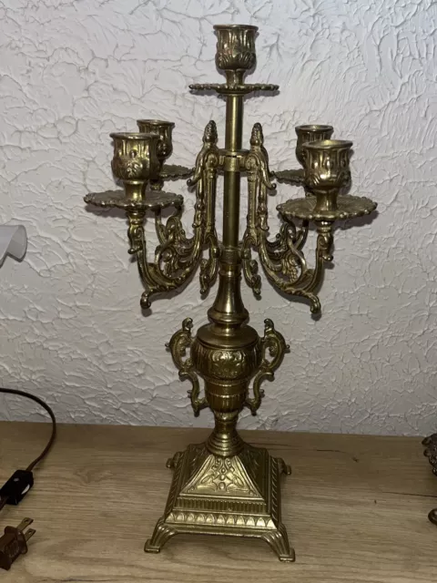 Antique Vintage Baroque Style Brass 4 Arm 5 Candle Ornate Scroll Candelabra