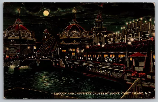 Lagoon Chutes Night iew Coney Island New York Amusement Park Boats UNP Postcard