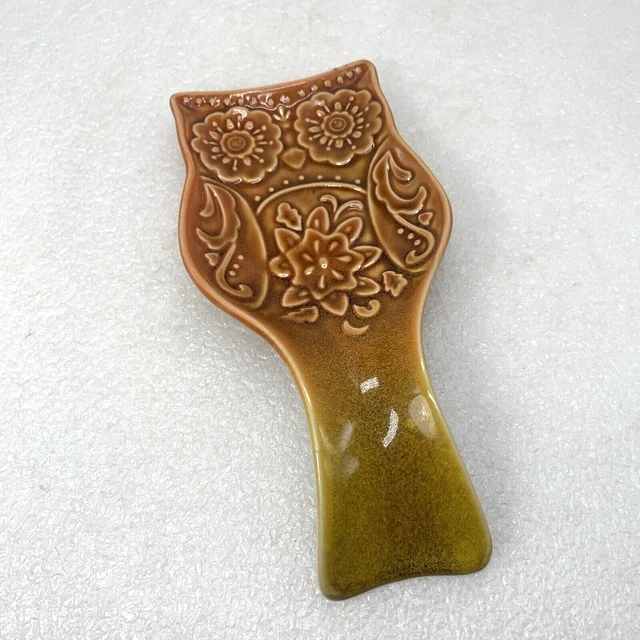 Cracker Barrel Glazed Ceramic 8" Brown Owl Bird Spoon Rest, Kitchen Decor