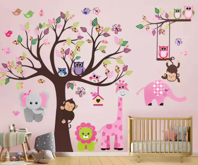 Kids Pink Jungle Theme Peel & Stick Girl Nursery Wall Decal, Colorful Owl Giraff