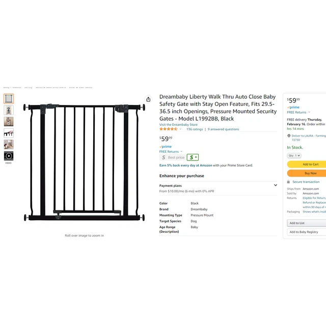 Dreambaby Liberty Walk Thru Auto Close  Gate Stay Open Feature, Fits 29.5-36.5"