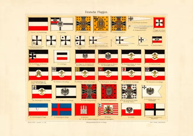 Deutsche Flaggen historischer Druck Chromolithographie ca. 1903 antike Bildtafel