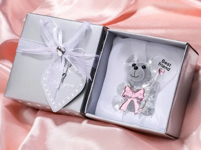 Teddy Bear Crystal Clear Ornament Gift Boxed His Hers Best Friends Gift Pink Bow