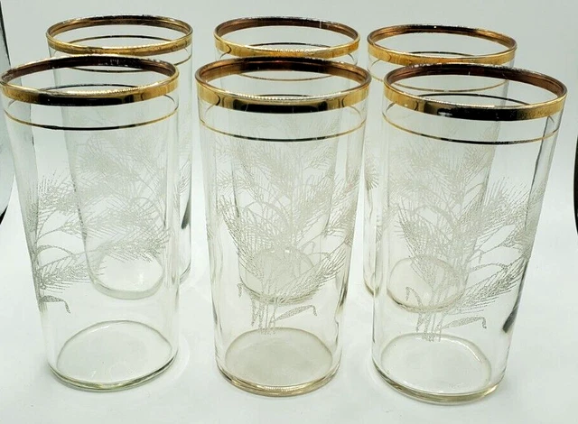 Mid Century Gold Rimmed Raised Wheat Glassware 6 5"1/2" Tall 22Kt