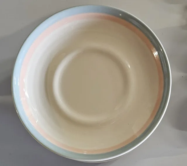 7 Set Pfaltzgraff Aura Pink Saucer Cup Gray Blue Stoneware 6"D