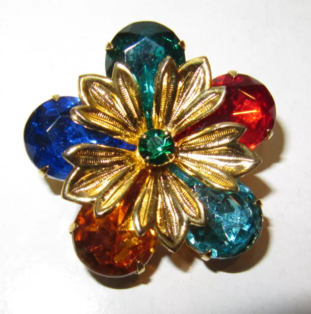 Large Multicolour Glass Crystals Flower Shaped Gold Plated/Tone Brooch