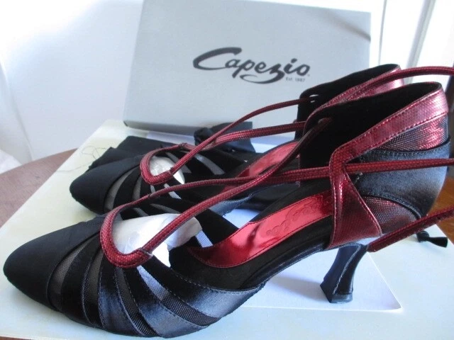 Capezio Chaussures De Danse De Salon Pro Cuir Noir&Lamé Rouge Pointure 9 Neuves