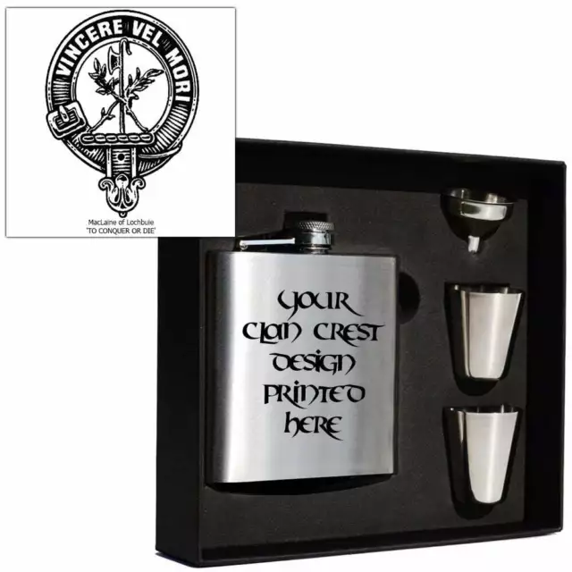 Art Pewter MacLaine (of Lochbuie) Clan Crest 6oz Hip Flask Set (s) HF6 B S-C69