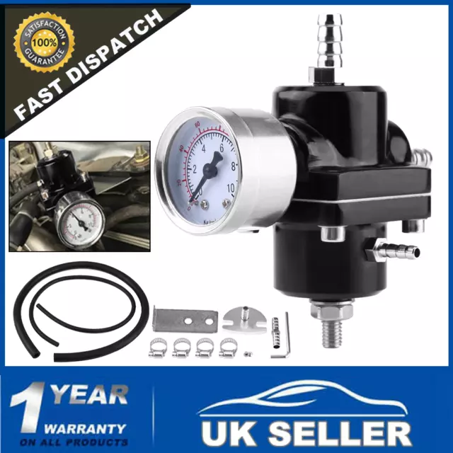 Black Adjustable Universal Fuel Pressure Regulator Gauge Kit & Hose 0-140PSI