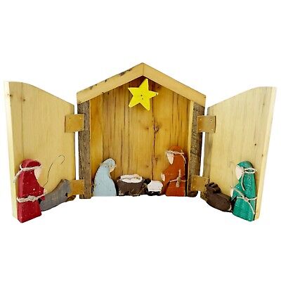 Rustic Handmade Barn Wood Nativity Scene Set Trifold Primitive Folk Art 12" OOAK