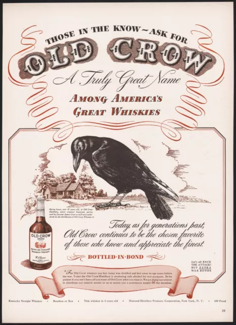 Vintage magazine ad OLD CROW Whiskey 1944 large crow and Spring House pictured