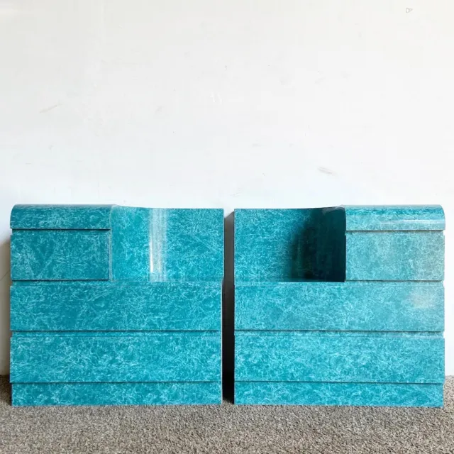 Postmodern Faux Teal Marble Laminate Sculpted Nightstands - a Pair