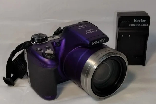 CASI COMO NUEVO MINOLTA MN53Z PROShot 16MP CÁMARA RÉFLEX DIGITAL 2.8-5.6 24mm-1256mm LENTE PÚRPURA