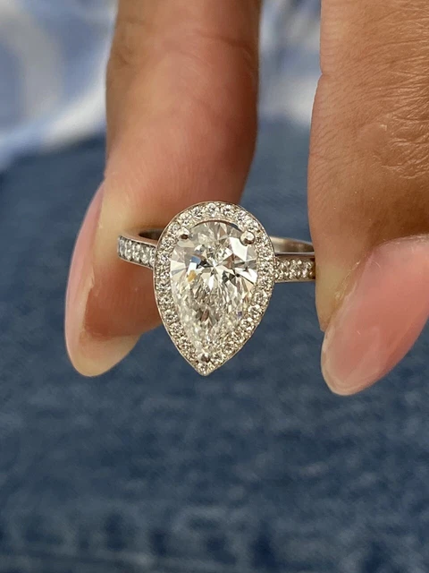 Pear Cut Diamond Halo Ring VS1 F IGI 2.4 Ct Lab created 14K White Gold