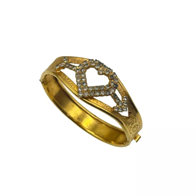 VINTAGE HINGED BANGLE Bracelet Gold Tone Clear Rhinestones Heart Design ...