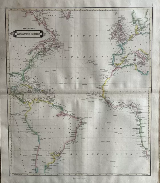 1831 Atlantic Ocean Daniel Lizars Large Hand Coloured Original Antique Map