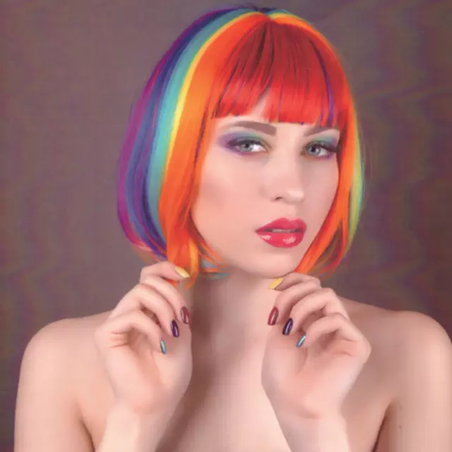 Lady Deluxe Rainbow Bob Wig Multi-Color Party Wig Fancy Dress Up