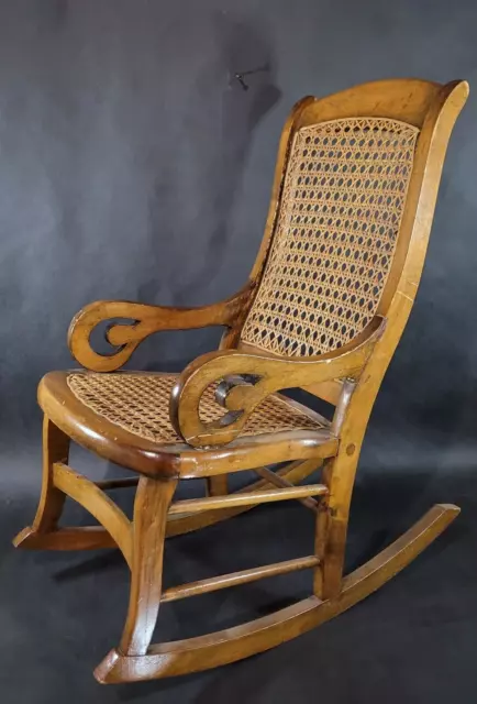 Antique Childs Rocking Chair with Caned Seat and Back Solid Wood Rattan Nursery