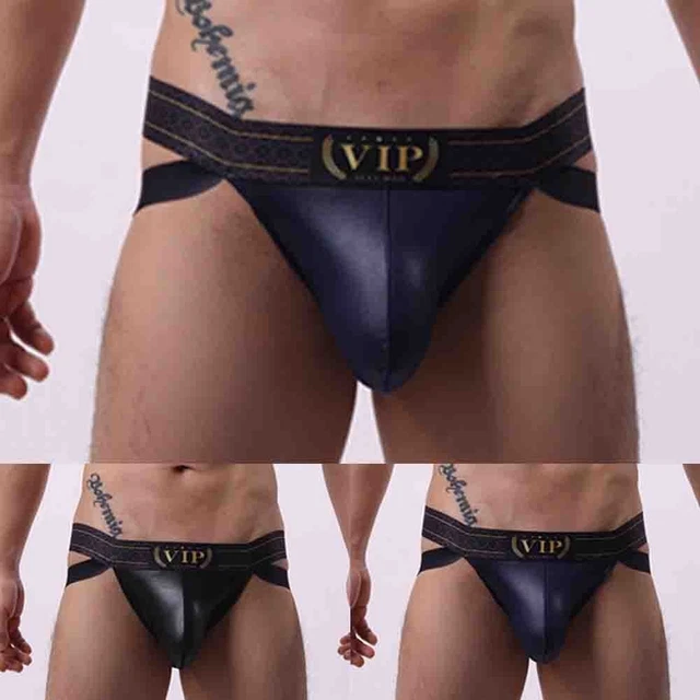 HERREN JOCK SLIP OUVERT SCHWARZ WETLOOK GLÄNZEND LEDER OPTIK