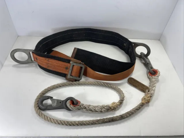 Vintage 70’s Klein Tools Medium Lineman's Climbing Harness Belt 5447 & Rope 5489
