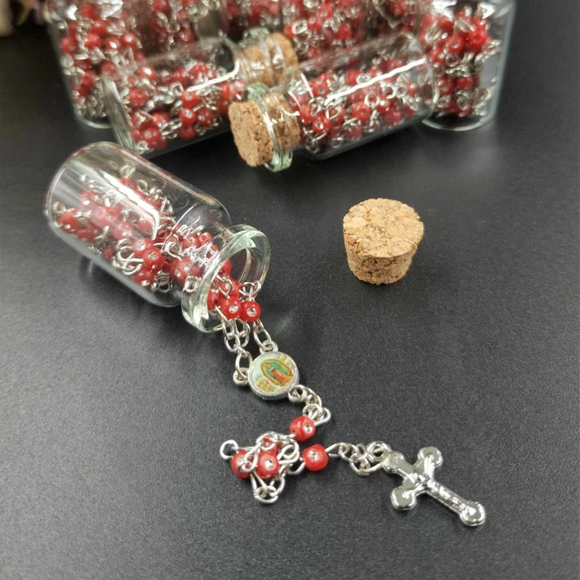 12 Rosary in Glass Bible Cross Red Beads CATHOLIC Mary Crucifix Necklace Bottle