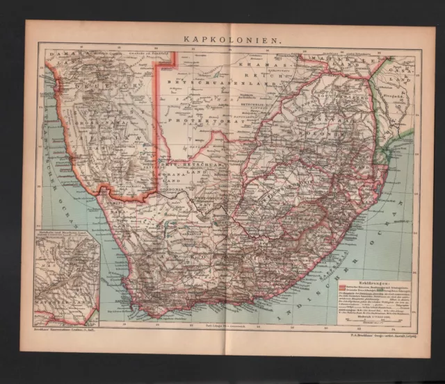 Landkarte map 1902: KAPKOLONIEN - SÜDAFRIKA. Transvaal-, Oranje-Fluss-Kolonie,