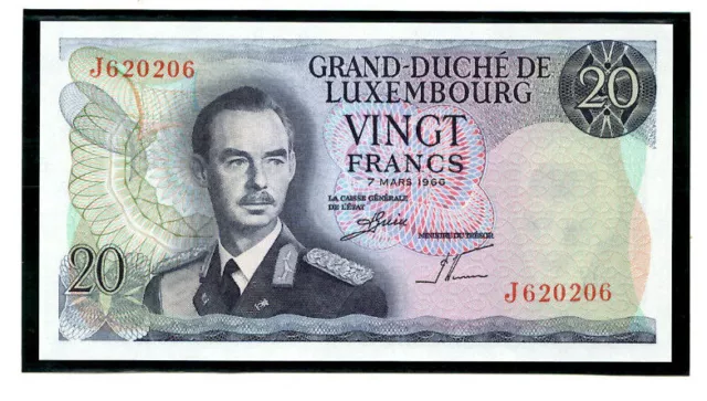 Luxembourg 20 Francs 1966 P 54a UNC w/FDI UN FLAG STAMP Birthday J620206 2