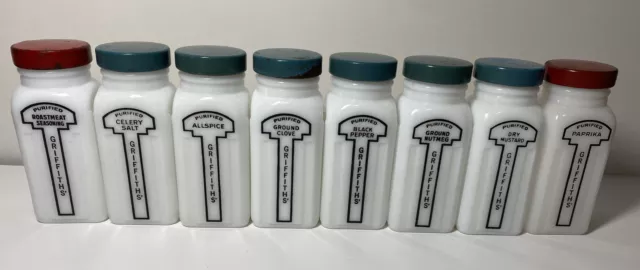 Vtg. Griffith's 8 Jar Art Deco Milk Glass Spice Jars