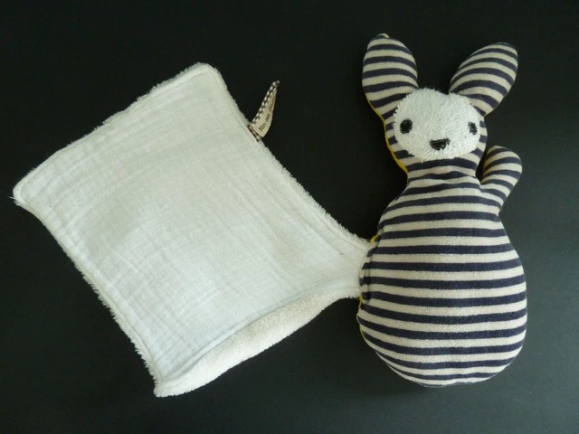 Z9- Doudou Peluche Lapin Mouchoir Ni-Nin Zinzin Jaune Gris Bleu Raye Blanc - Tbe