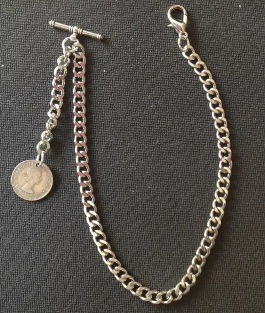 Albert pocket watch chain with a "Lucky" ER II sixpence fob,silver colour