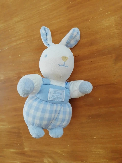OL/ Doudou Peluche Tartine Et Chocolat Lapin Blanc Vichy Bleu Salopette