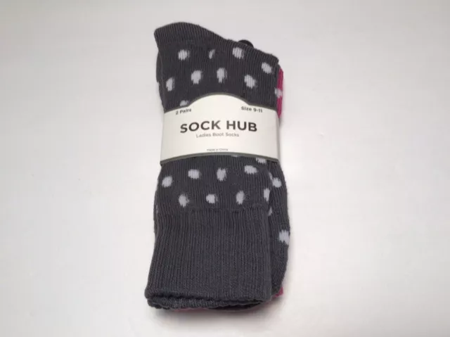 Sock Hub Ladies Boot Socks 2 Pairs Size 9-11 Poly Cotton Other Fibers Pink/Gray
