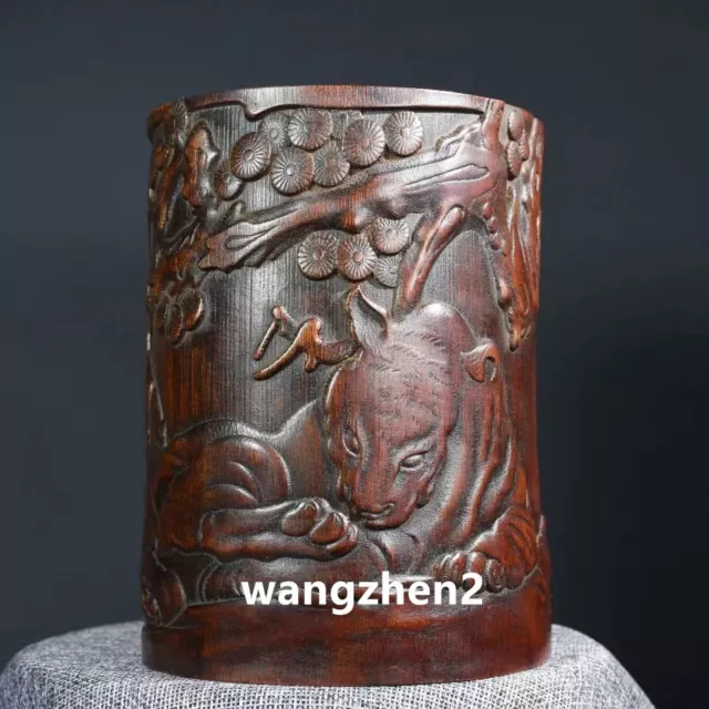 Chinese Wood brush pot Bamboo carving Pen holder with Arhat Pine Pattern 16.5cm