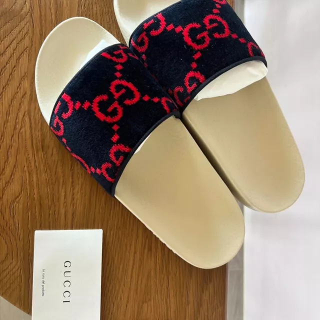 Gucci Men’s Navy/Red GG Logo Slides Sandals (Size IT 41)