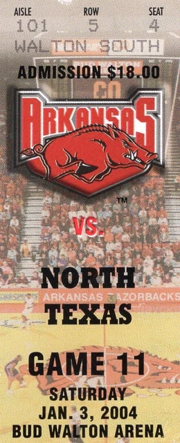 Arkansas Razorbacks Basketball Ticket Stub North Texas Game Bud Walton 1/3/2004