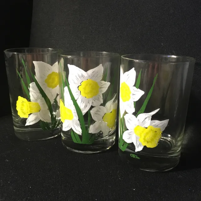 3 Vintage Cera Glasses Daffodil Yellow Flowers MCM Mid Century Modern 4 3/4 in